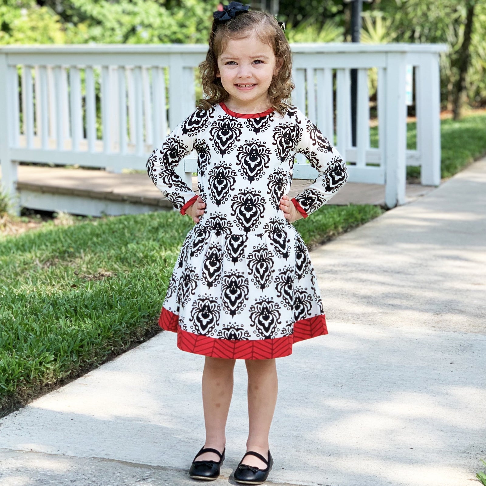 Holiday Christmas Damask Soft Cotton Fall Winter Baby Big Girls Dress for Sizes 2/3T-11/12 by AnnLoren