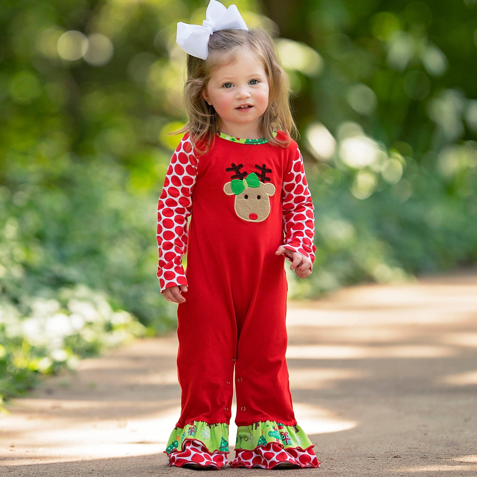 AnnLoren Baby Girls Boutique Red Green Christmas Tree Rudolph Reindeer Holiday Romper sz 6M-24M