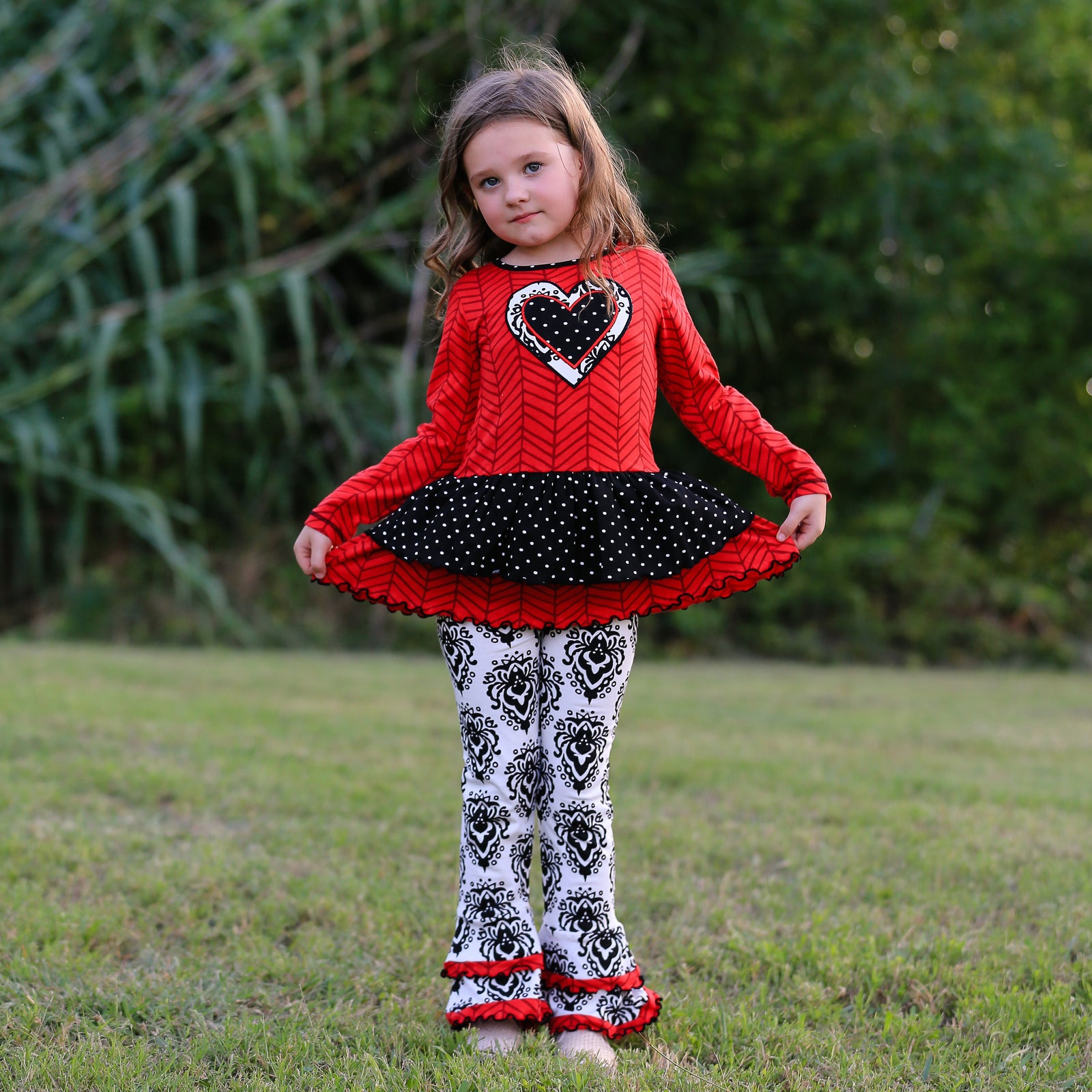 Winter Damask Holiday Heart Polka Dots Girls Tunic and Legging Set for Sizes 2/3T-9/10 by AnnLoren
