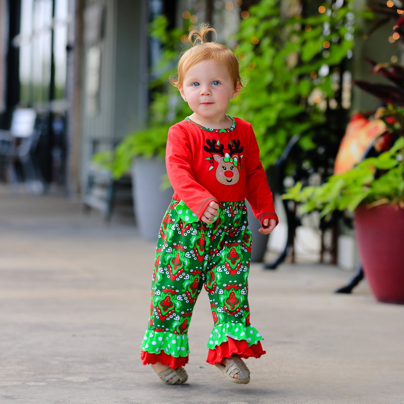 Red & Green Damask Christmas Tree Rudolph Reindeer Baby Girls Romper for 6-24 Months by AnnLoren