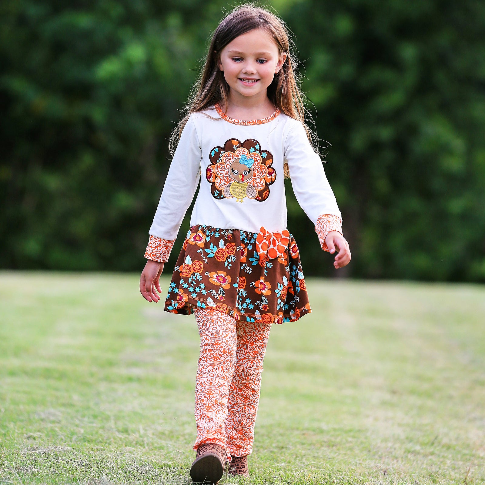 Autumn Floral Turkey Tunic & Leggings Holiday Big Little Girls Clothes by AnnLoren