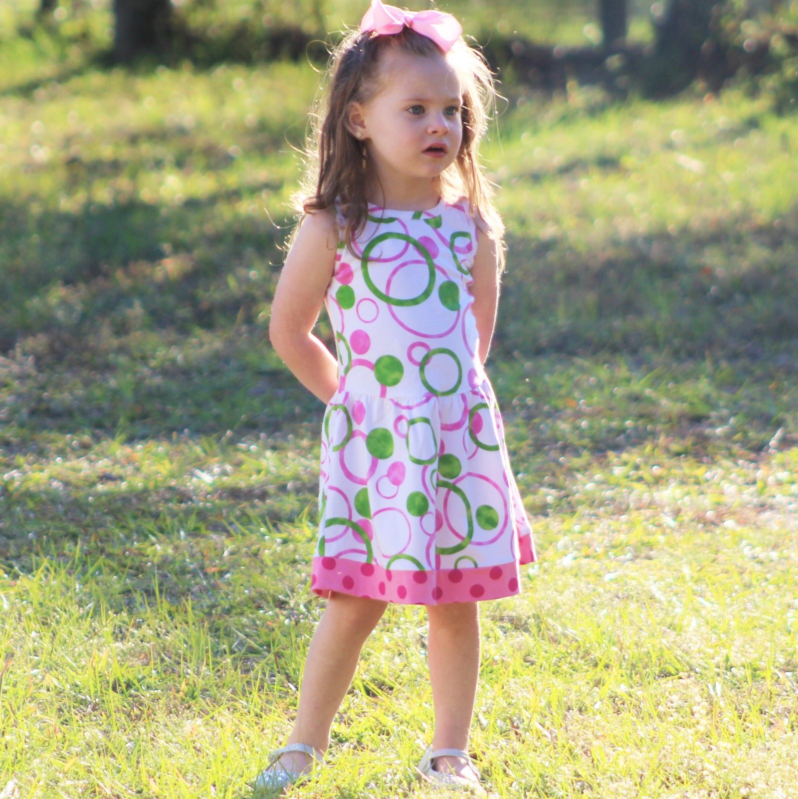 Pink Green Bubble Design Cotton Knit Swing Dress Holiday Big Little Girls Clothes by AnnLoren