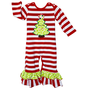 Red Happy Christmas Tree Striped Baby Girls Romper by AnnLoren