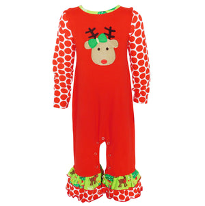 Red Green Christmas Tree Rudolph Reindeer Holiday Baby Girls Romper 6-24 Months by AnnLoren