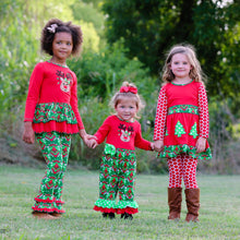 Red & Green Damask Christmas Tree Rudolph Reindeer Baby Girls Romper for 6-24 Months by AnnLoren