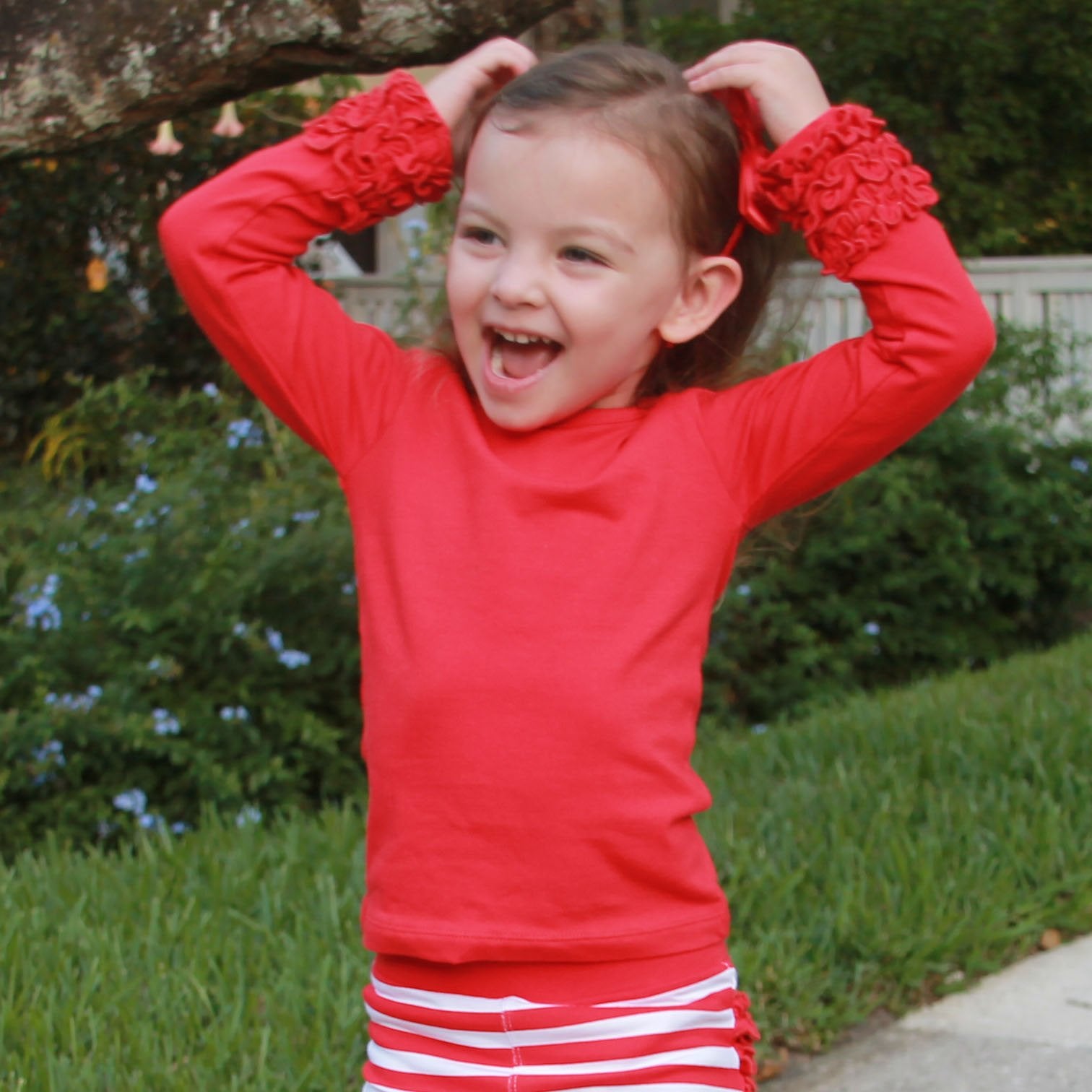 Red Long Sleeve Ruffle Layering Baby Big Girls T-shirt by AnnLoren