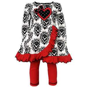 Winter Damask Valentine's Heart Holiday Dress Girls Tunic & Leggings Set for Sizes 2/3T-9/10 by AnnLoren