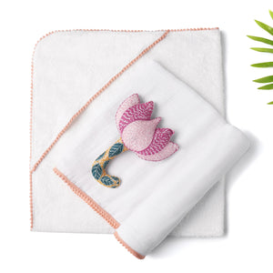 Newborn Essential 3 Pc Set Hooded Towel Swaddle & Toy Rattle