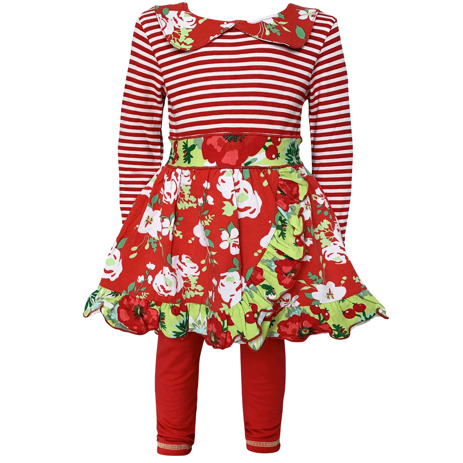 Red Christmas Floral Holiday Little & Big Girls Dress Legging Set by AnnLoren