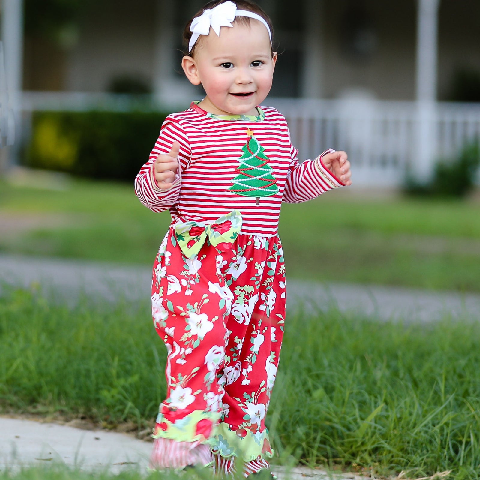 AnnLoren Baby Girls Merry Christmas Tree Holiday Floral Toddler Romper sz 6M-24M