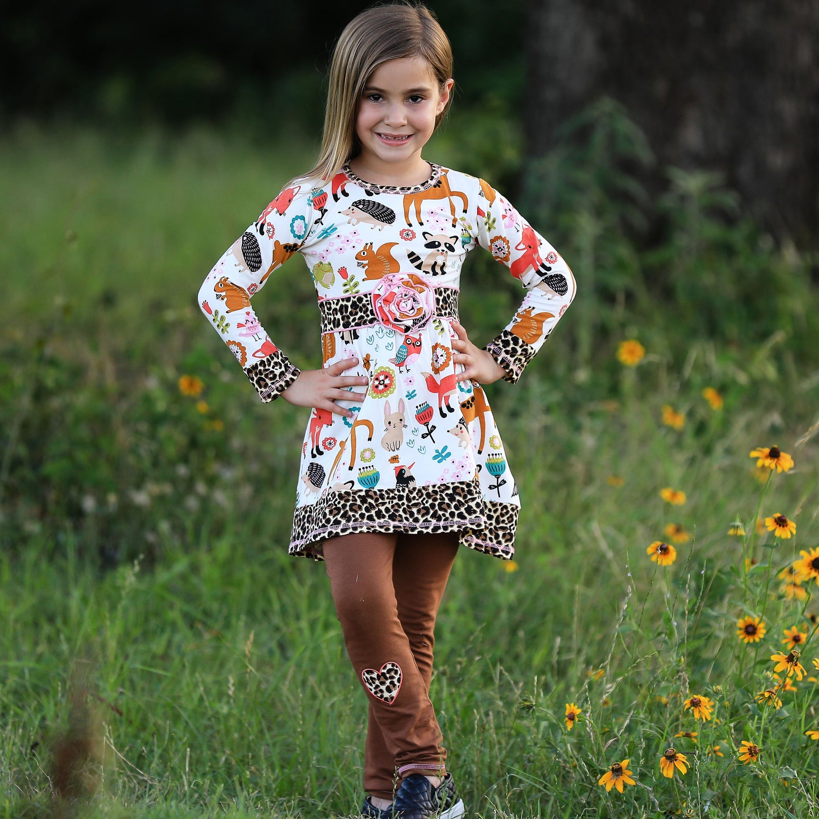Fall Forest Fox and Friends Big Little Girls Dress & Leggings by AnnLoren