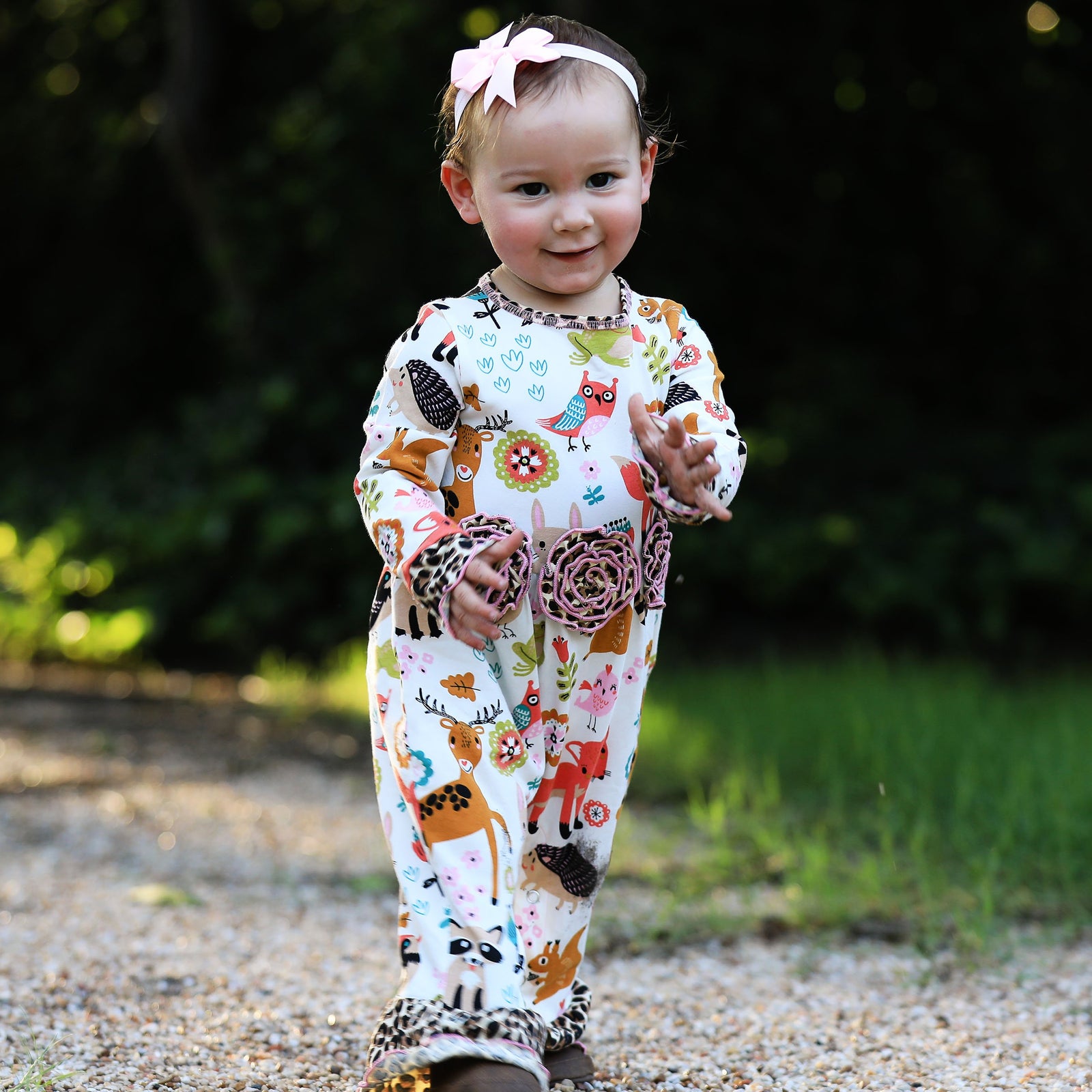 Long Sleeve Forest Animal Friends Baby Toddler Girls Romper Size 6 Mo-24 Mo by AnnLoren