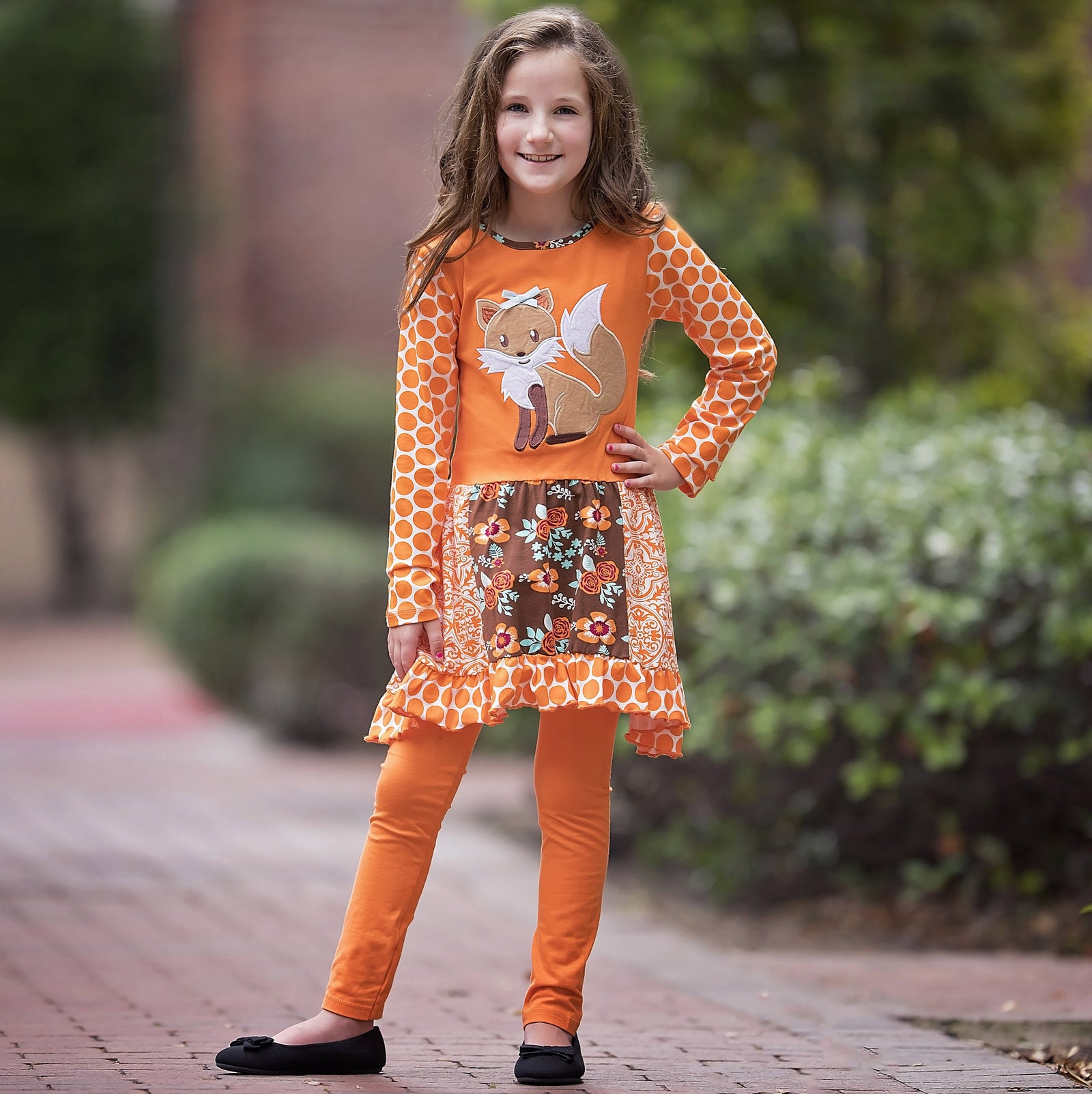 Fall Foxy Floral Forest Friends Big Little Girls Dress & Leggings for Sizes 2/3T-7/8 by AnnLoren