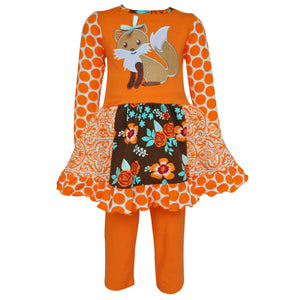 Fall Foxy Floral Forest Friends Big Little Girls Dress & Leggings for Sizes 2/3T-7/8 by AnnLoren