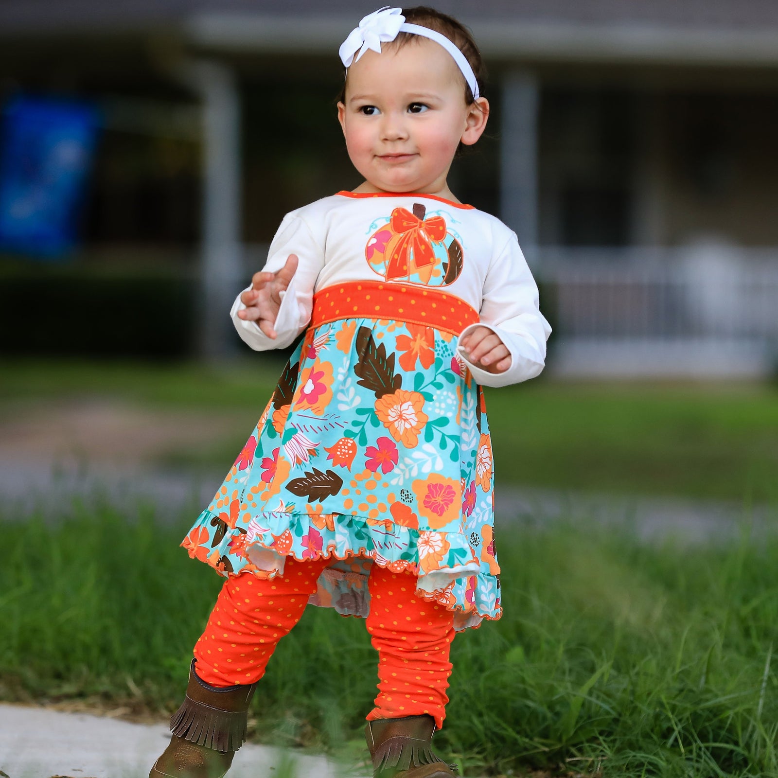 Vibrant Autumn Floral Pumpkin Thanksgiving Little and Big Girls Dress & Leggings by AnnLoren