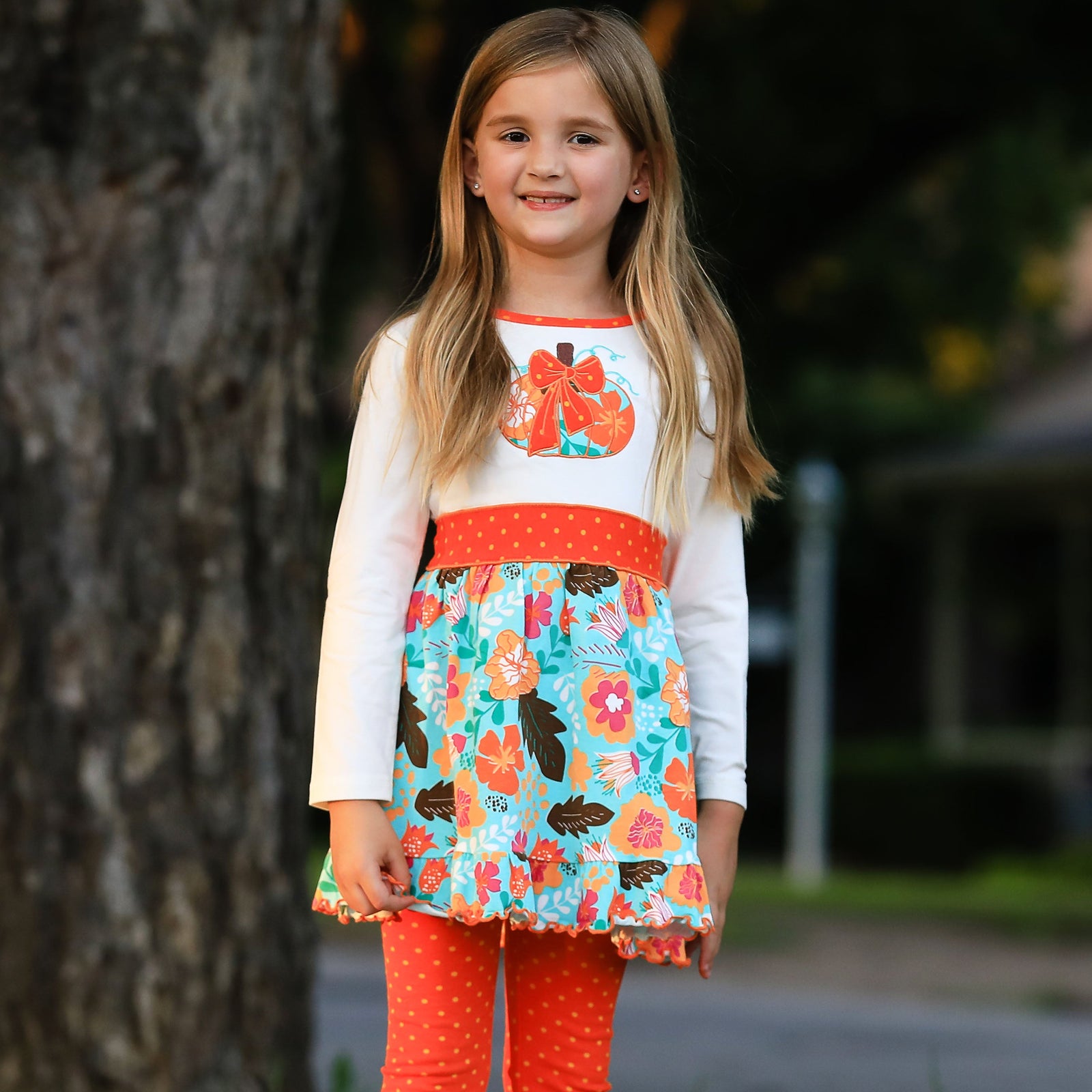 AnnLoren Little and Big Girls Vibrant Autumn Floral Pumpkin Thanksgiving Dress & Leggings