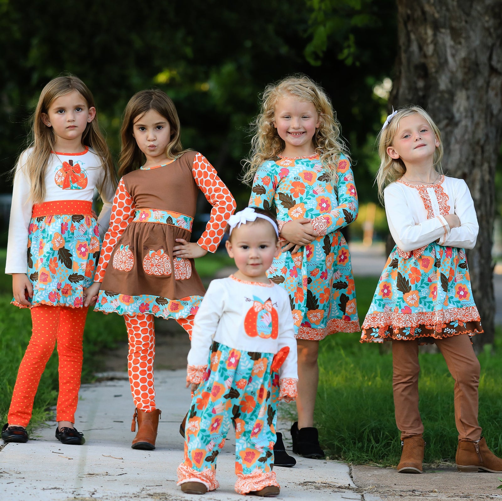 Vibrant Autumn Floral Pumpkin Thanksgiving Little and Big Girls Dress & Leggings by AnnLoren