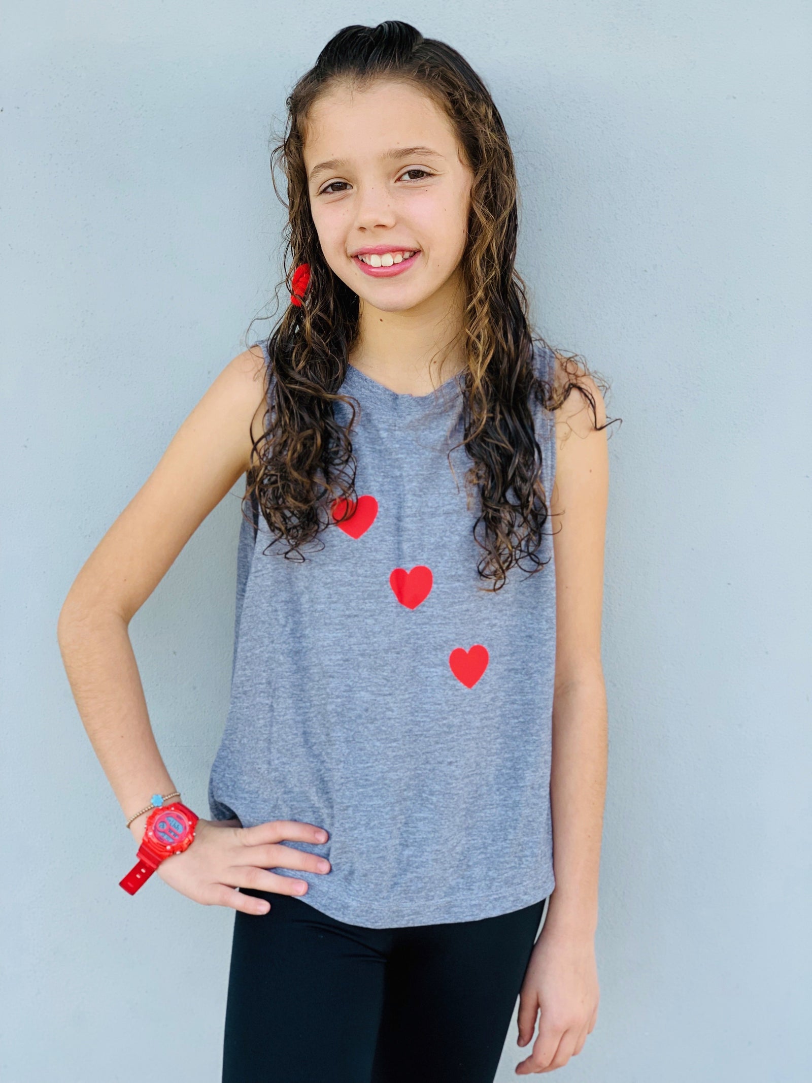 Hearts Red Grey Dry Fit Sleeveless Kids Girl's Tank