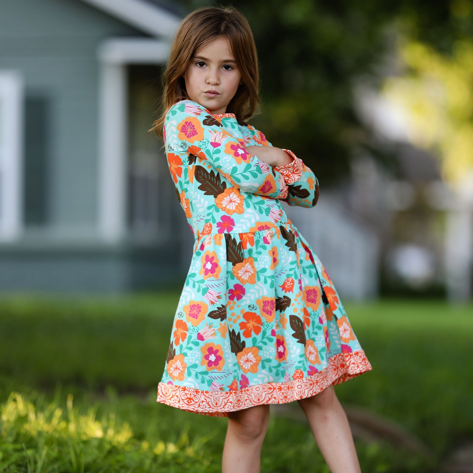 Autumn Leaves Floral Cotton Long Sleeve Little & Big Girls Dress for Sizes 2/3T-11/12 by AnnLoren