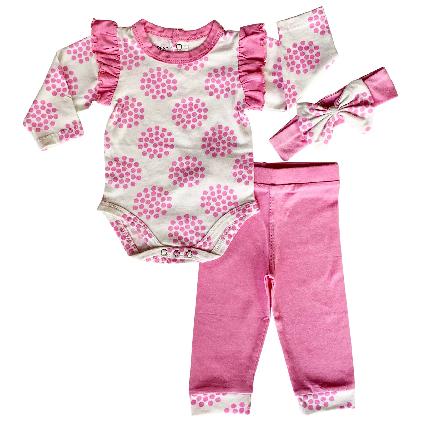 AnnLoren Baby Girls Layette Pink Polka Dot Onesie Pants Headband 3pc Gift Set Clothing Sizes 3M - 18M