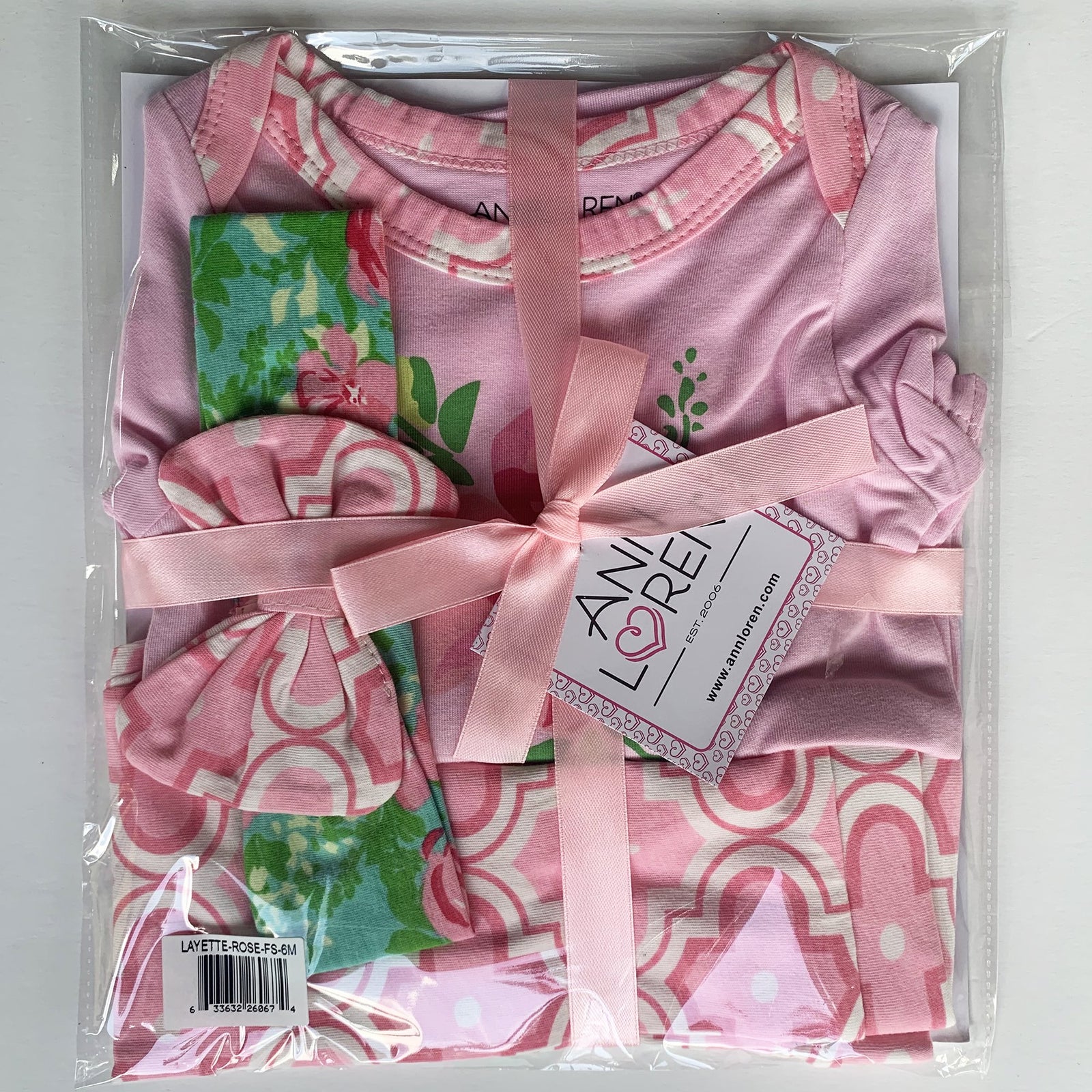 Pink 3pc Gift Set Baby Girls Layette Arabesque Floral Onesie Pants Headband by Annloren