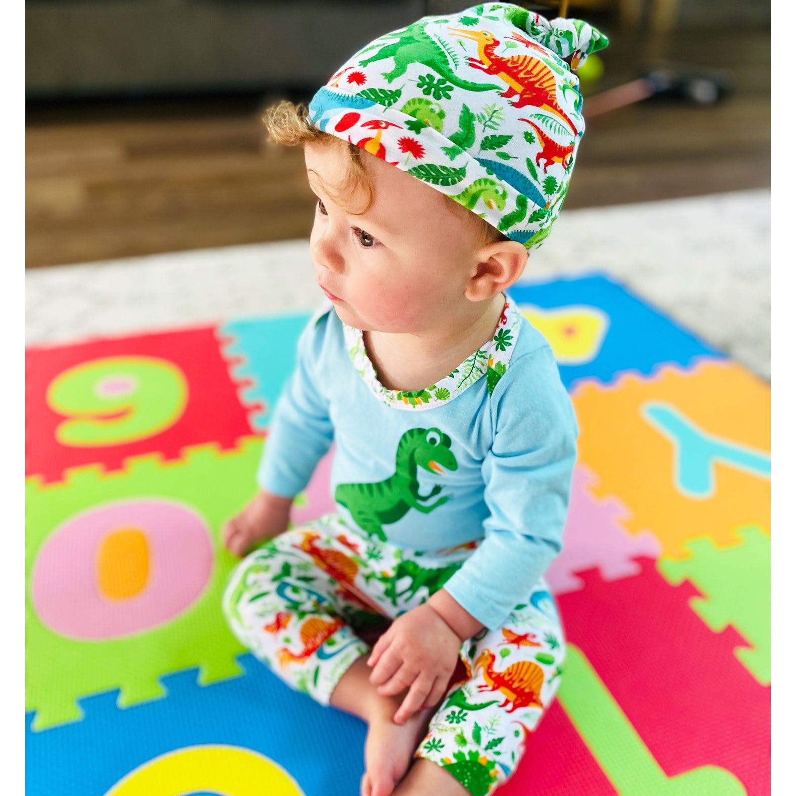 Baby Boys 3pc Gift Set Layette Dinosaur Onesie Pants & Cap with Diaper Button by Annloren