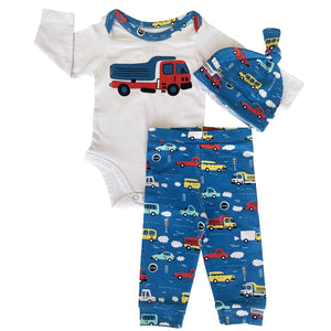 3pc Gift Set  Baby Boys Layette Cars Trucks Onesie Pants & Cap by Annloren
