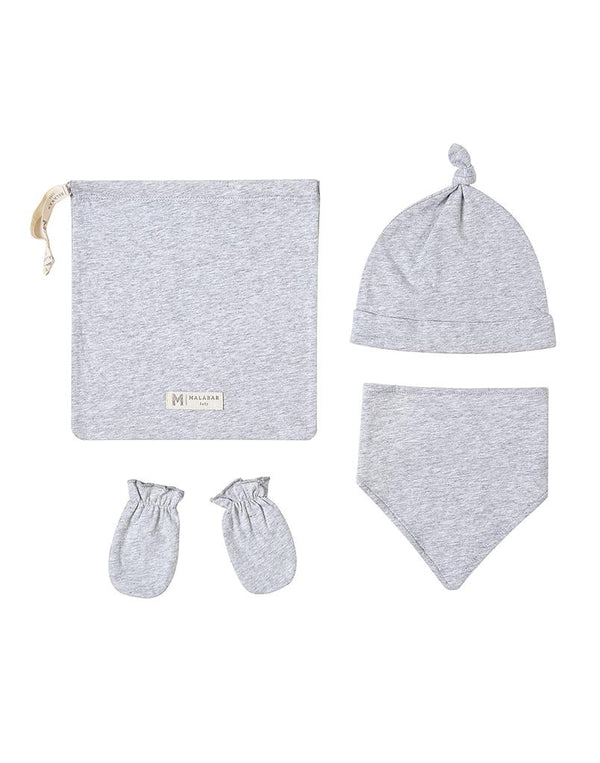 Grey Erawan Organic Cotton Bandana Bib, Mitten & Hat Set for Newborns