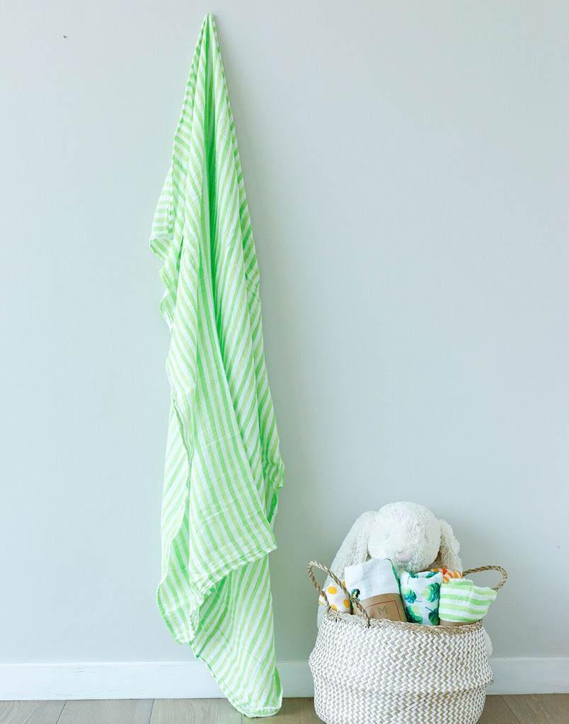 Avocado Green Stripe Soft Organic Cotton Swaddle Set for Home or On the Go