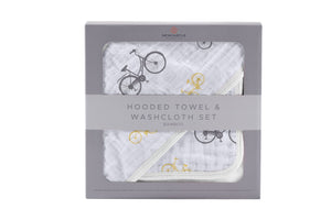 Vintage Natural Bicycle Bamboo Muslin Hooded Towel And Washcloth Set