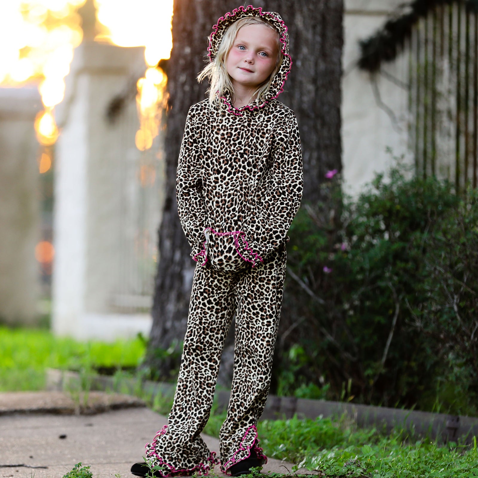 Leopard Ruffle Hoodie 2 Pc Fashion Track Girls Suit for Sizes 2/3T-9/10 by AnnLoren