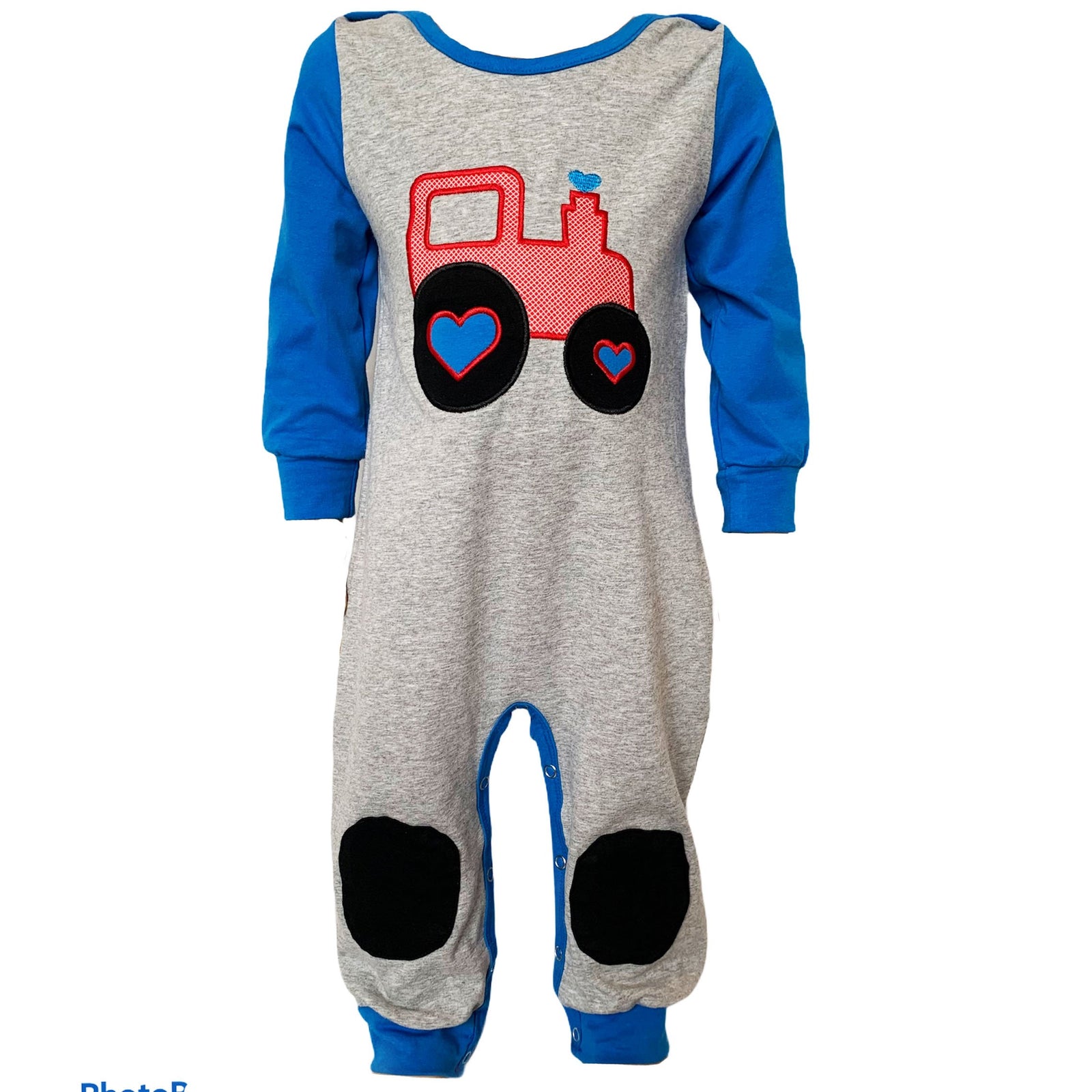 Blue and Grey Long Sleeve Truck Baby Toddler Boys Romper by AnnLoren