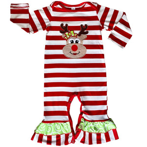 Red Christmas Reindeer Striped Baby & Toddler Girls Romper by AnnLoren