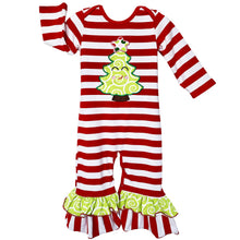 Red Happy Christmas Tree Striped Baby Girls Romper by AnnLoren