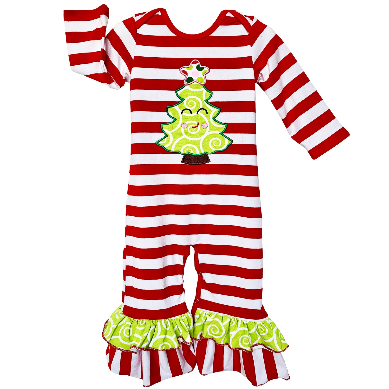 AnnLoren Baby Girls Boutique Happy Christmas Tree Red Striped Romper