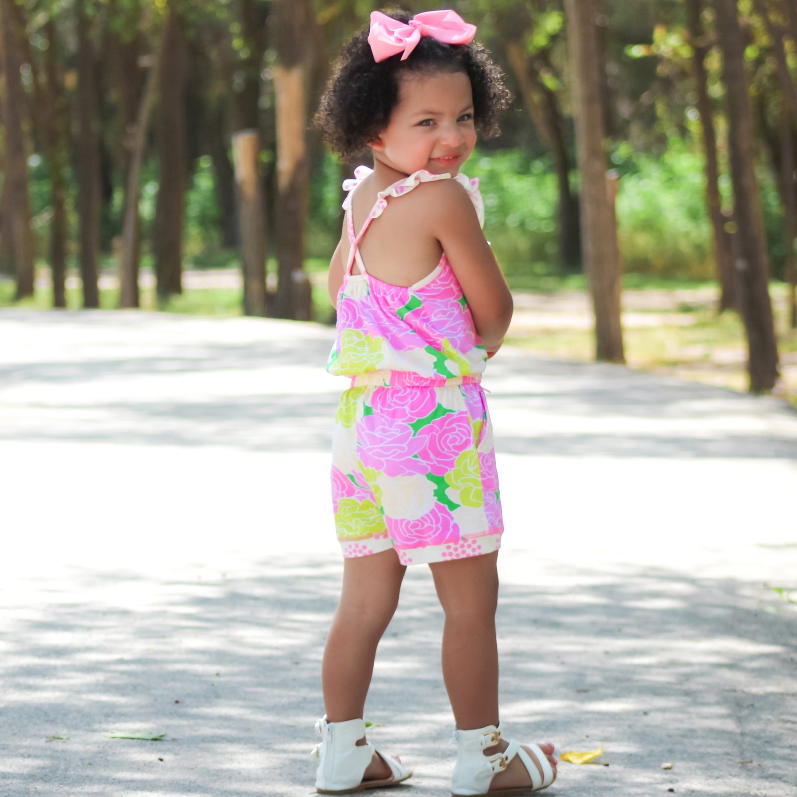 AnnLoren Big Little Girls Pink Bloom Floral Polka Dots Shorts Jumpsuit Summer One Piece Outfit