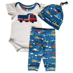 3pc Gift Set Baby Boys Layette Cars Trucks Onesie Pants & Cap Clothing by Annloren