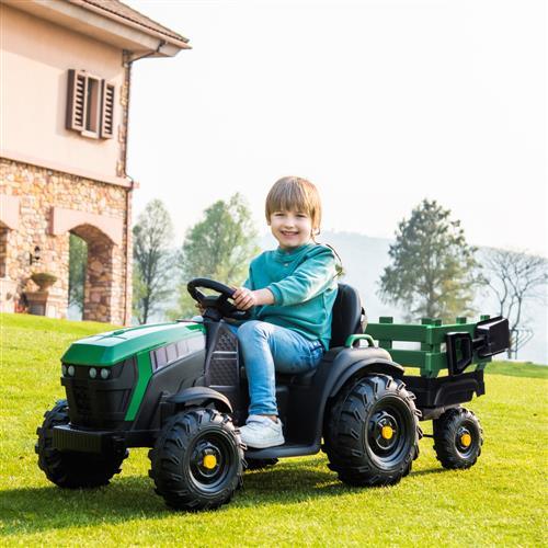 Kids Battery Powered Electric Tractor with Trailer Toddler Ride On Ground Loader w/ 2 Speeds Treaded Tires