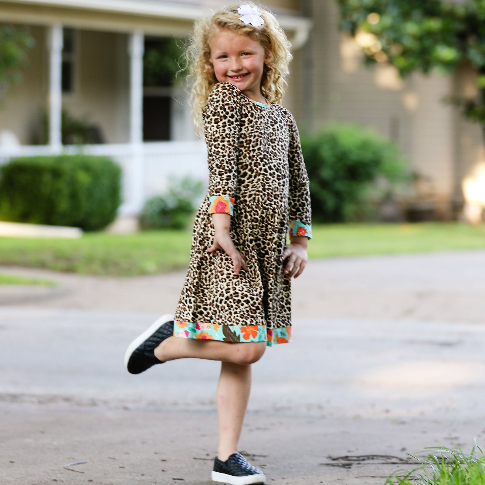 Leopard Rose Long Sleeve Fall Little & Big Girls Floral Dress for Sizes 2/3T - 9/10 by AnnLoren