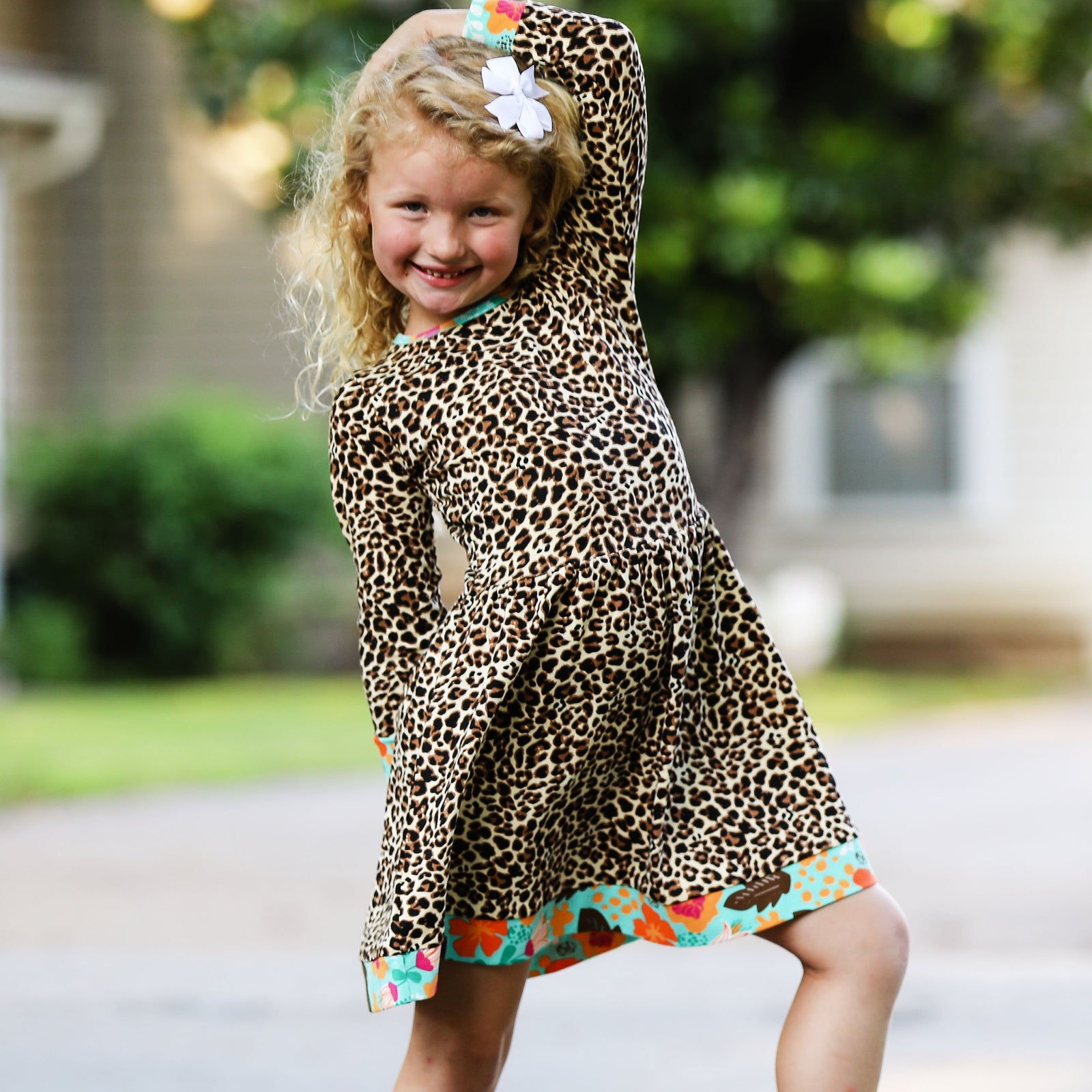 Leopard Rose Long Sleeve Fall Little & Big Girls Floral Dress for Sizes 2/3T - 9/10 by AnnLoren